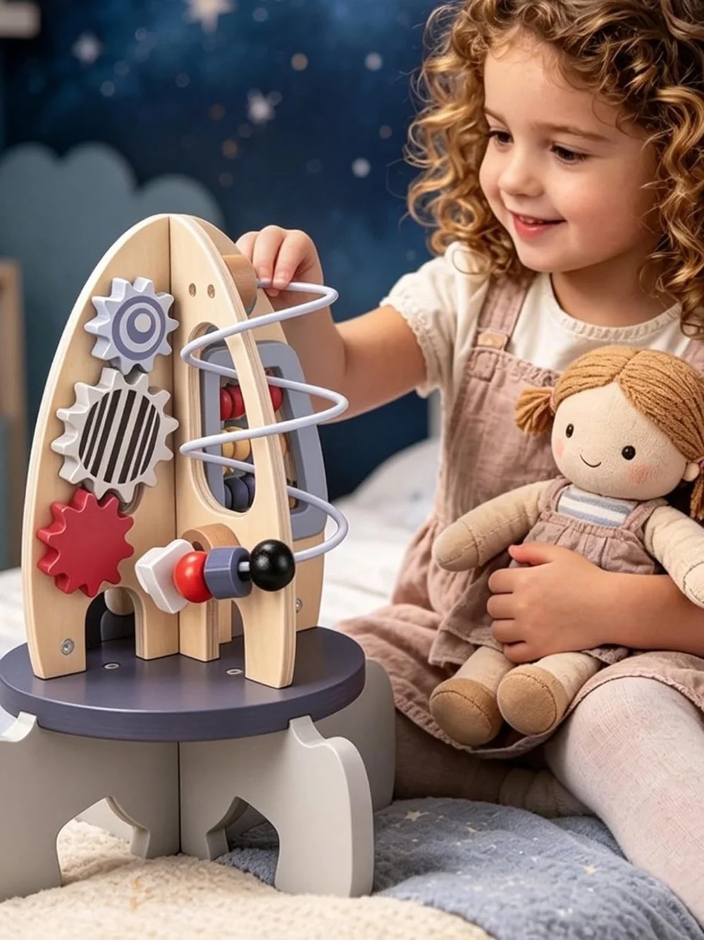 Wooden Rocket Activity Cube Space Montessori Sensory Learning Toddler Toy